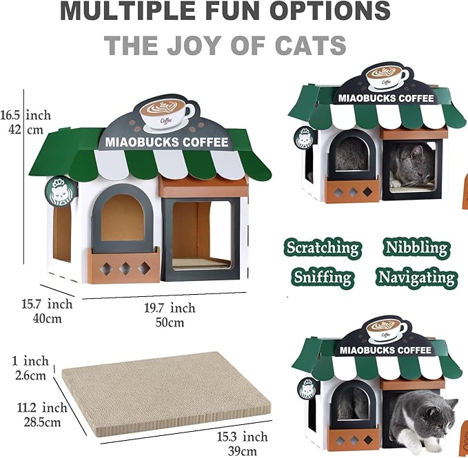 Cardboard Cat House with Scratcher – Coffee Shop Design, 19''L x16''W x15''H, Indoor/Outdoor Cat Playhouse & Hideout, Corrugated Cat Scratch Toy for Cats up to 22 lbs, Small Pets, Cute Home Decor Gift