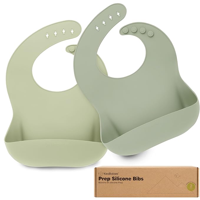 KeaBabies 2-Pack Silicone Baby Bibs for Eating - Sturdy Food-Grade Silicone Bibs for Babies Girl, Boy, Large Food Catcher, Clean & Put On Easily, Waterproof Toddler Feeding Essentials (Sage)