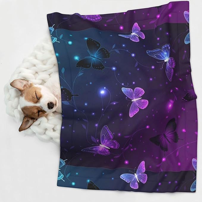 Double Sided Pet Mat for Dog Bed Topper Cat Blanket Furniture Protector, Background with Night Butterflies, Reversible Plush with Tactile Dot Pattern for Style Change