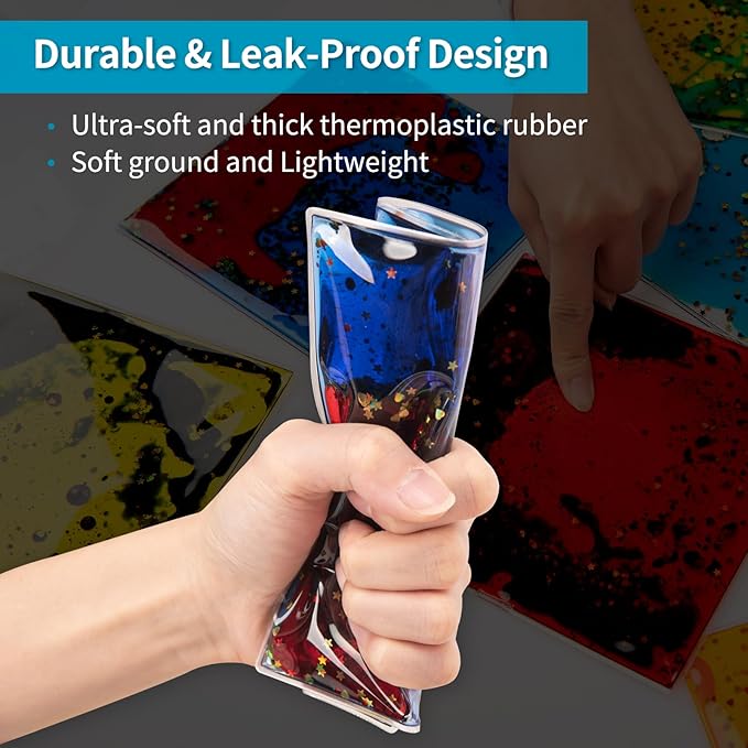 Art3d 6”x6” Square Sensory Fidget Liquid Motion Tiles for Kids, Toddler, Teens - Interactive Soft Gel Liquid Play Mats for Home, Schools, Playrooms, Multi-Pack of 12 Tiles