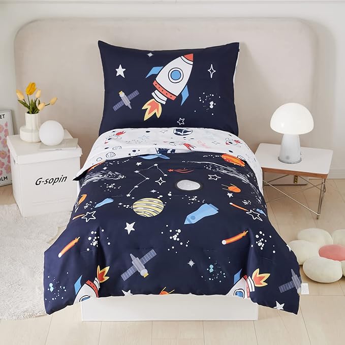 PERFEMET Twin Comforter Set 4 Piece Kids Space Rockets Comforter Bed in A Bag Soft Reversible Dark Blue Outer Space Themed Bed Set(Dark Blue, Planet/Rocket)