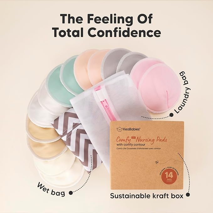Organic Breast Pads - 14 Viscose Derived from Bamboo Washable Pads + Wash Bag, 3-Layers Breastfeeding Nipple Pad for Maternity, Reusable Nipplecovers for Breast Feeding(Pastel Touch Lite, L 4.8")