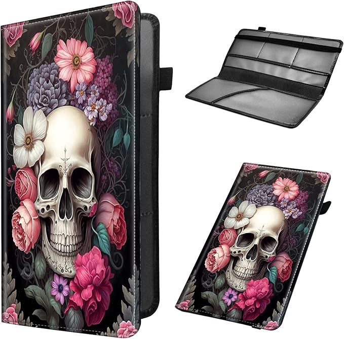 Car Registration & Insurance Holder, Leather Glove Box Organizer, Cool Accessories for ID, Driver's License Cards & Essential Documents, Men & Women's Business Cards, Rose Skull Flower