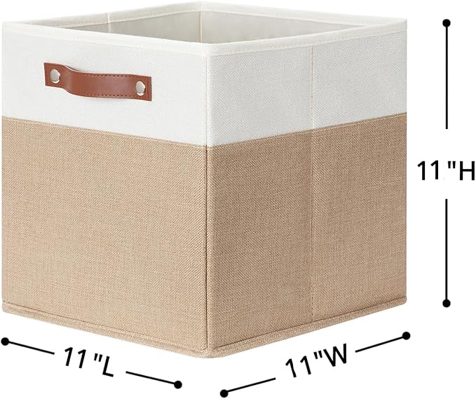 HNZIGE Fabric Storage Baskets Cubes Bins for Shelves, 11 x11 Foldable Storage Bins, Decorative Storage Basket with Leather Handles for Storage Clothes Home Nursery(White Beige-4Pack)