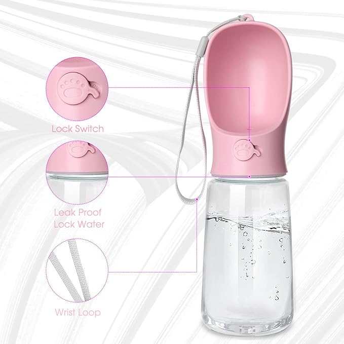Kalimdor Dog Water Bottle, Leak Proof Portable Puppy Water Dispenser with Drinking Feeder for Pets Outdoor Walking, Hiking, Travel, Food Grade Plastic (19oz Pink)