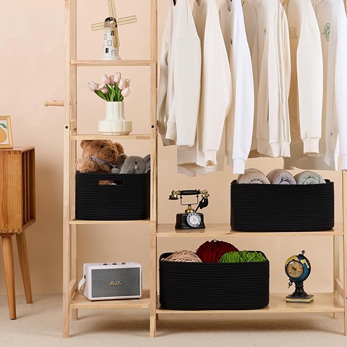 Large Storage Baskets for Organizing, Closet Shelf Baskets for Clothes Blanket Towels, Baby Nursery, Toy Bins Box, Woven Rope Baskets, 17 x 13 x 7.5”, 4 Packs Black