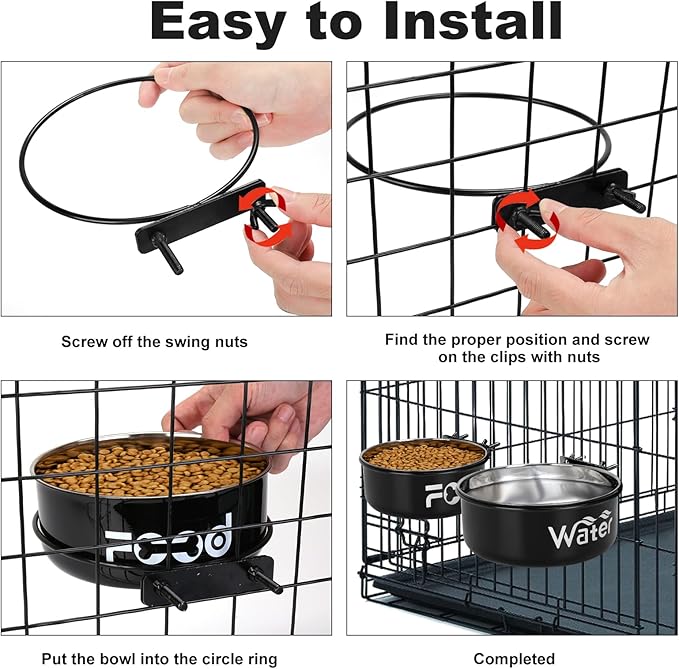 Crate Water Bowl No Spill for Large Dogs, Removable Stainless Steel Dog Bowls for Food and Water, Dog Kennel Hanging Wet and Dry Food Feeder for Medium/Large Pets, (7.1"x2.6" & 6.3"*2.6", Black)