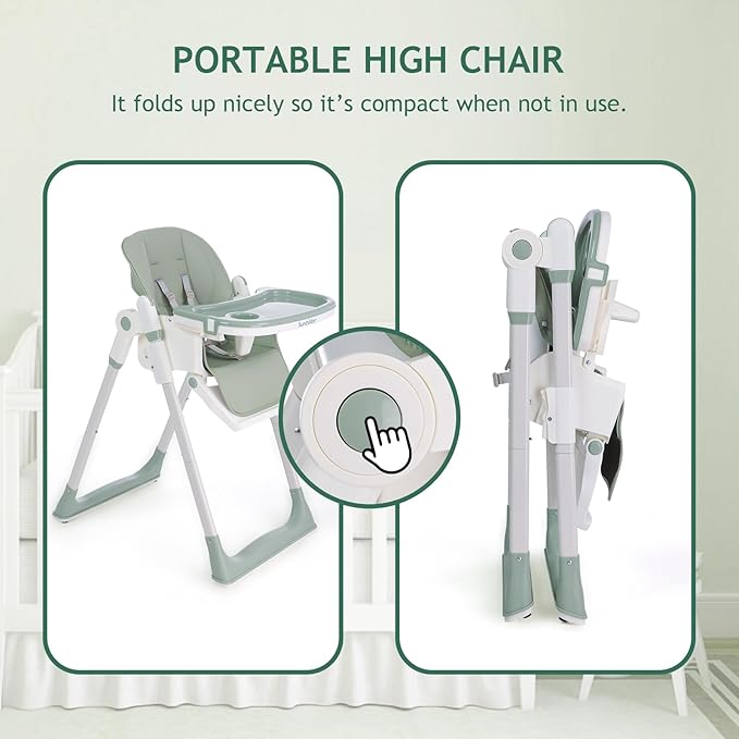 3 in 1 Baby High Chair with Wheels, Adjustable 5 Point Harness, Tray, Foot Rest, Backrest and Seat Height, Foldable High Chair for Toddlers, Green