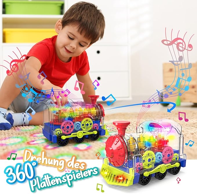 Kizeefun Light Up Train Toy for Toddlers: Transparent Gear Car Toy for Kids with Cool Light and Music Educational Crawling Toys for Baby Boys and Girls