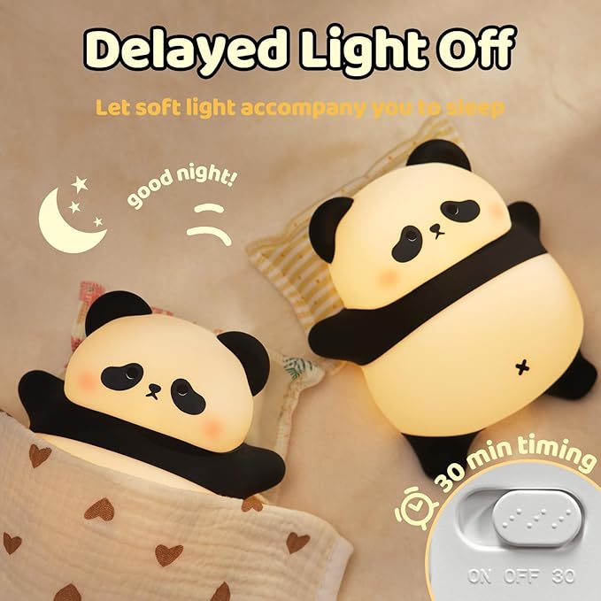 Rechargeable Cute Panda Night Light, 3 Level Dimmable Nursery Nightlight with Timer, Silicone Light Cute Animal Night Lamp for Breastfeeding Toddler Baby Kids Decor, Squishy Lamps Girls Panda Gifts