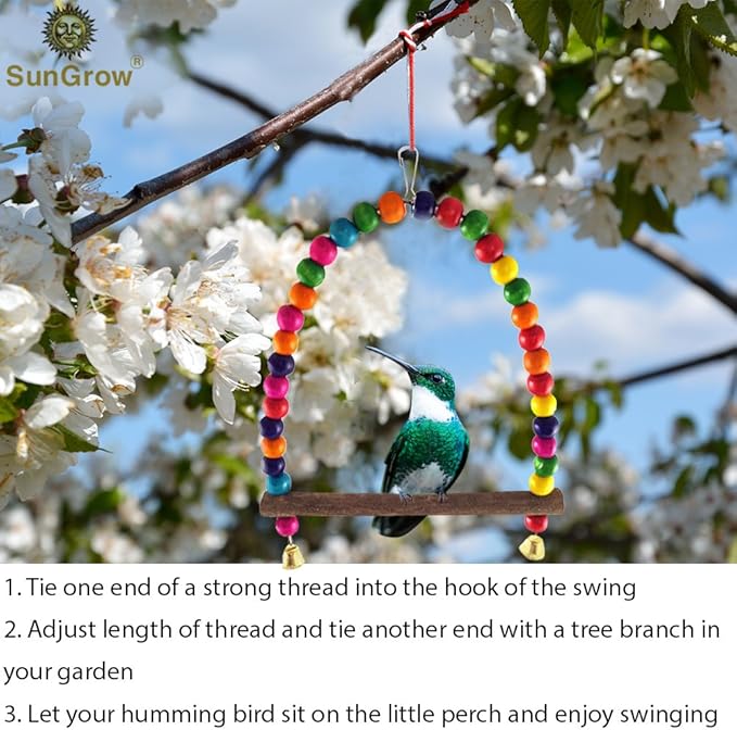 SunGrow Colorful Finch Swing Toy with Bells, Wooden Perch Stand for Canary, Lovebird & Budgie, 8.5x6 Inches, Sturdy Rocking Gym, Small Bird Cage Accessories to Balance, Exercise & Training