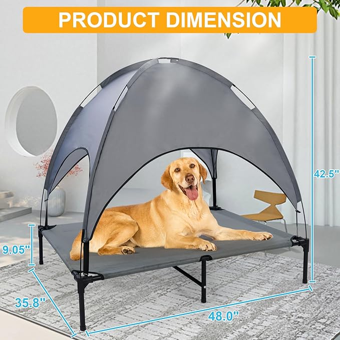 48'' Outdoor Elevated Dog Bed with Canopy, Raised Dogs Bed with Six Support Feet, Breathable Cooling Dog Cot Beds Medium Large Size Dogs, Outdoor Pet Hammock Beds, Pet Beds with 4 Ice Pack(X-Large)