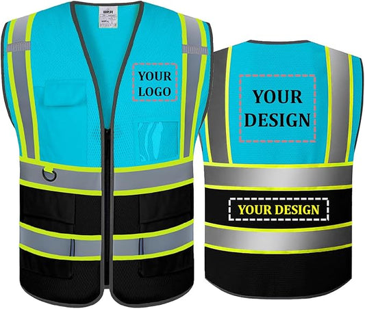 BeautyWill Custom Mesh Safety Vest Customized Logo Class2 High Visibility Reflective Vest with Pockets Construction workwear（Blue Black，4XL ）
