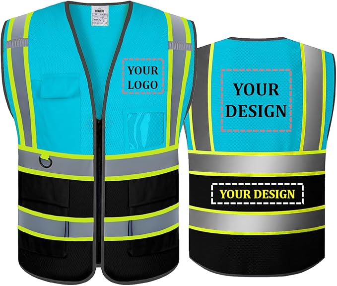 BeautyWill Custom Mesh Safety Vest Customized Logo Class2 High Visibility Reflective Vest with Pockets Construction workwear（Blue Black，3XL ）