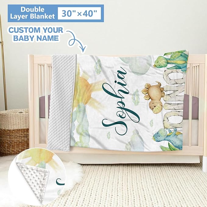 Personalized Baby Crib Bedding Set, 5 Pcs Custom Set With Name, Soft Double Layer Nursery Bedding, Flannel Dinosaur Set for Boys, Toddlers Newborns Customized Gift