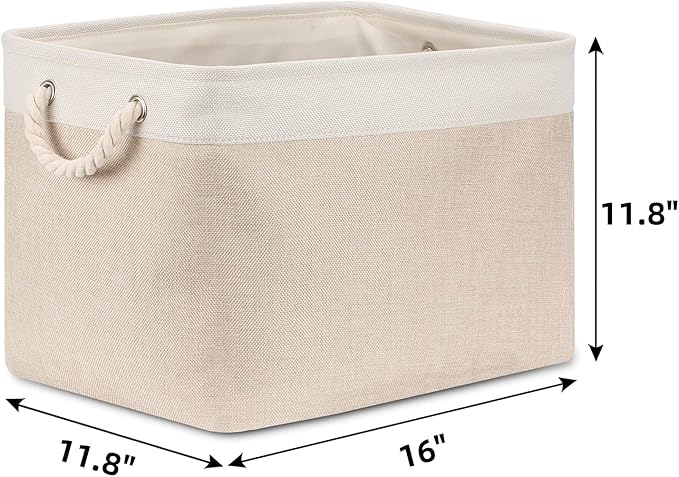 Bidtakay Beige Storage Basket Large Fabric Cloth Baskets [2-Pack] Tall Rectangular Shelf Baskets 16X11.8X11.8 in Canvas Collapsible Storage Bins with Handles for Organizing Living Room(White&Beige)