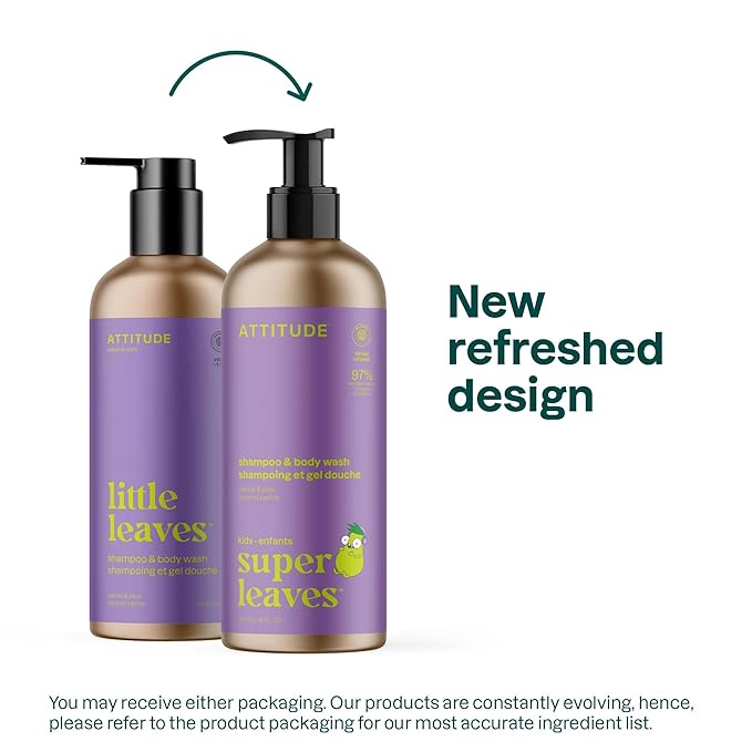 ATTITUDE Shampoo and Body Wash for Kids, EWG Verified Hair and Body Cleanser, Dermatologically Tested Soap, Plant and Mineral Based Bath Products, Vegan, Refillable Bottle, Vanilla and Pear, 16 Fl Oz