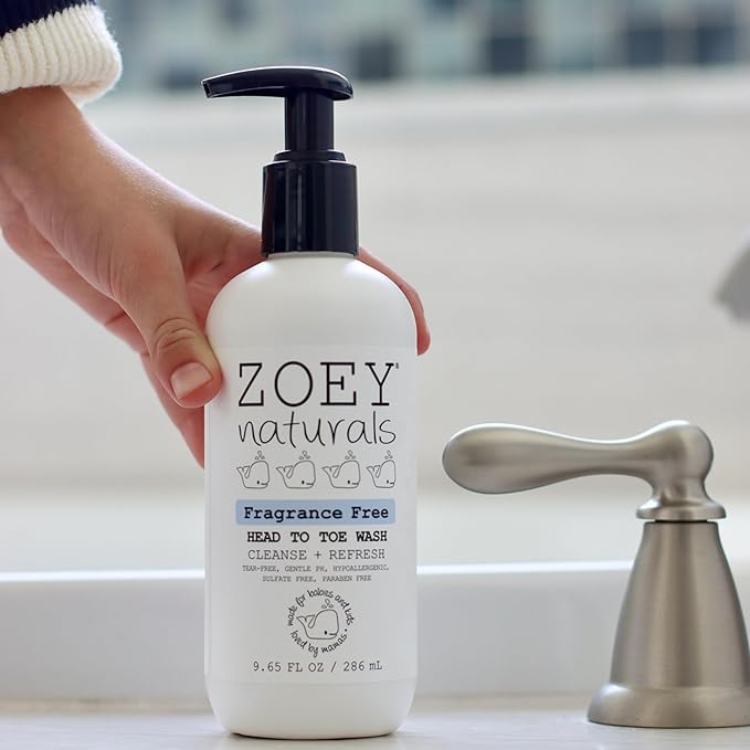 Zoey Naturals Fragrance-Free Head to Toe Baby & Toddler Wash – Tear-Free Body Wash and Shampoo with Gentle pH for Sensitive Skin – 9.65 oz