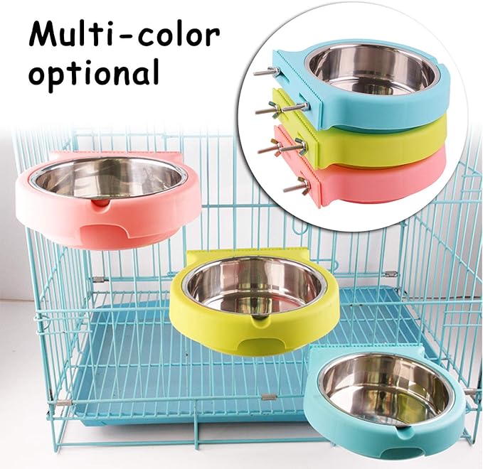 Crate Dog Bowl Removable Stainless Steel Water Food Bowls Cage Coop Cup for Cat Puppy Bird Pets (Large, Pink Orange with Corrugated Clip)