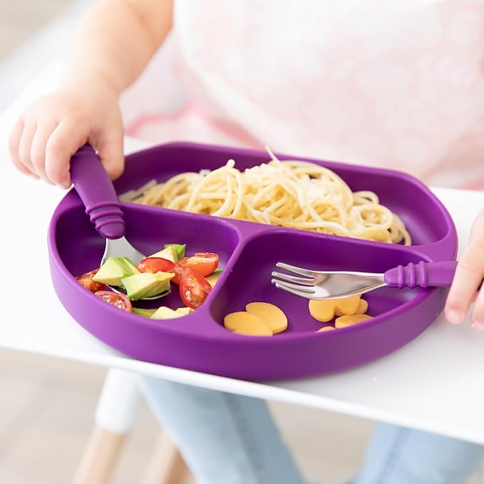 Bumkins Toddler Utensils, Kids Size Fork and Spoon Set, Silicone and Stainless-Steel Training Silverware, Angled Forks / Sporks for Self-Feeding, Children Hold Learning to Eat, 18 Months Up, Purple