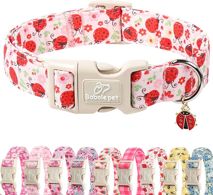 Lucky Ladybug Dog Collar for Small Dogs - Sweet Pink Girl Dog Collars, Lightweight Adjustable Spring Garden Mom Dogs Collars with Quick Release Buckle S