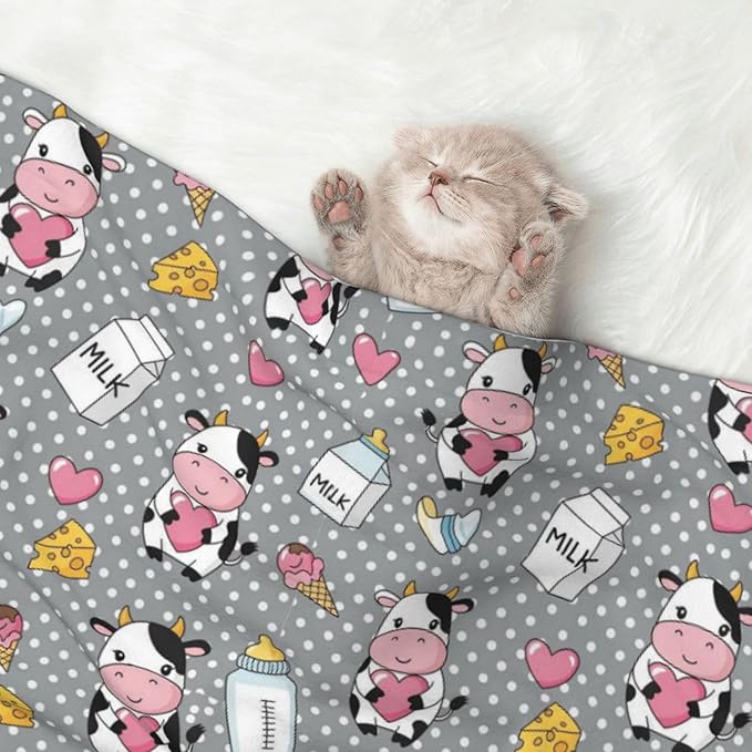 Double Sided Plush Pet Blanket for Small Large Animals, Cartoon Cow Character, Reversible Throw with Dimpled Dot Side and Flat Side for Kennels Living Rooms