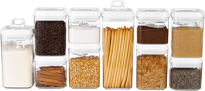 Felli Flip Tite Food Storage Container with Scoop & Lid 5" LARGE Airtight Ring Top, Acrylic Canister Jar for Sugar Flour Baking Powder Protein Rice Pasta Kitchen Organizer Gift Set (10pk, Variety)
