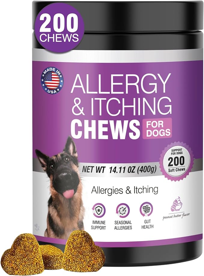 Dog Allergy Chews 200ct - Dog Allergy and Itching Skin Relief Anti Itch Aller Immune Bites for Dogs Licking Paws Treatment Relief Itchy Chew Probiotics Vitamins for Skin and Coat - Peanut Butter