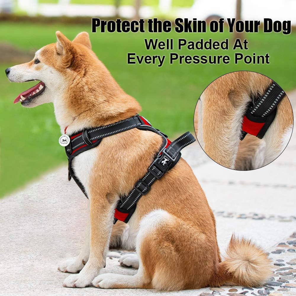 PoyPet No Pull Dog Harness, Reflective Comfortable Vest Harness with Front & Back 2 Leash Attachments and Easy Control Handle Adjustable Soft Padded Pet Vest for Small to Large Dogs (Red,L)