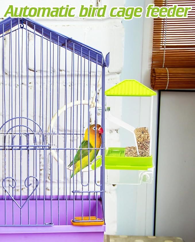 BNOSDM No Mess Automatic Bird Feeder 2 Pcs Anti-Splash Bird Feeder Acrylic Transparent Food Container Parrot Cage Accessories for Parakeets Budgies Lovebirds Cockatoos Conures Finches (Green)