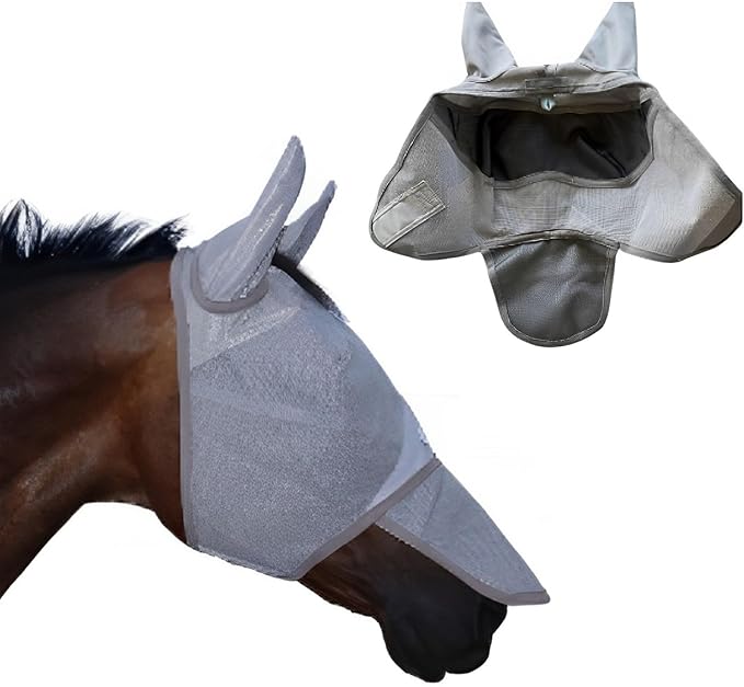 Horse Fly Mask with Nose Cover and Ears - 95% UV Eye Protection - Built-in Visor - Breathable, Lightweight Mask - Adjustable Fit for Comfort Horse Medium/Large Size