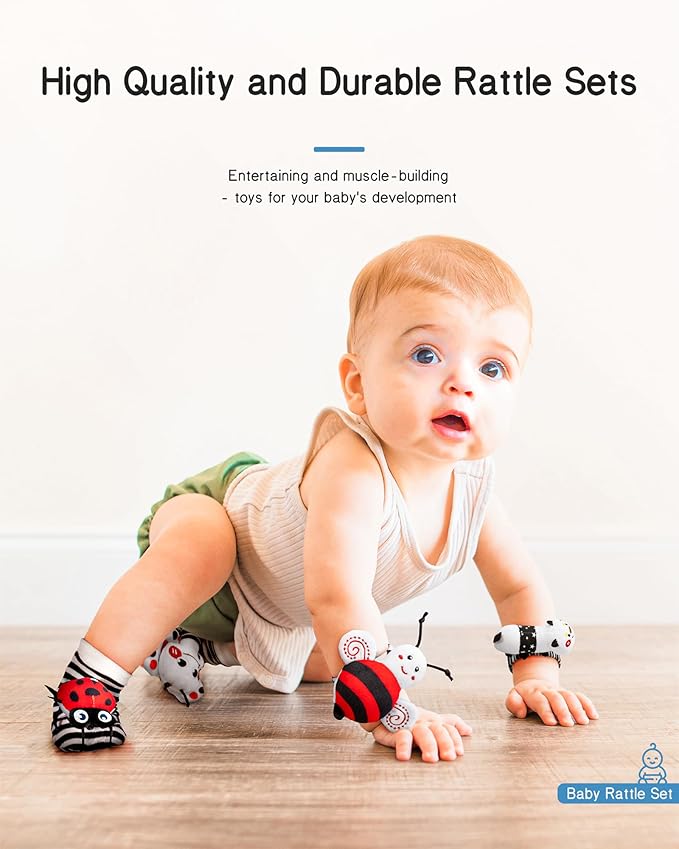 Infinno High Contrast Baby Toys Infant Rattle Socks and Wristband Set, Ideal Baby Sensery Toy Gifts for Newborn 0-12 Months, Perpect Black and White Toys for Boys and Girls As Baby Shower Gifts