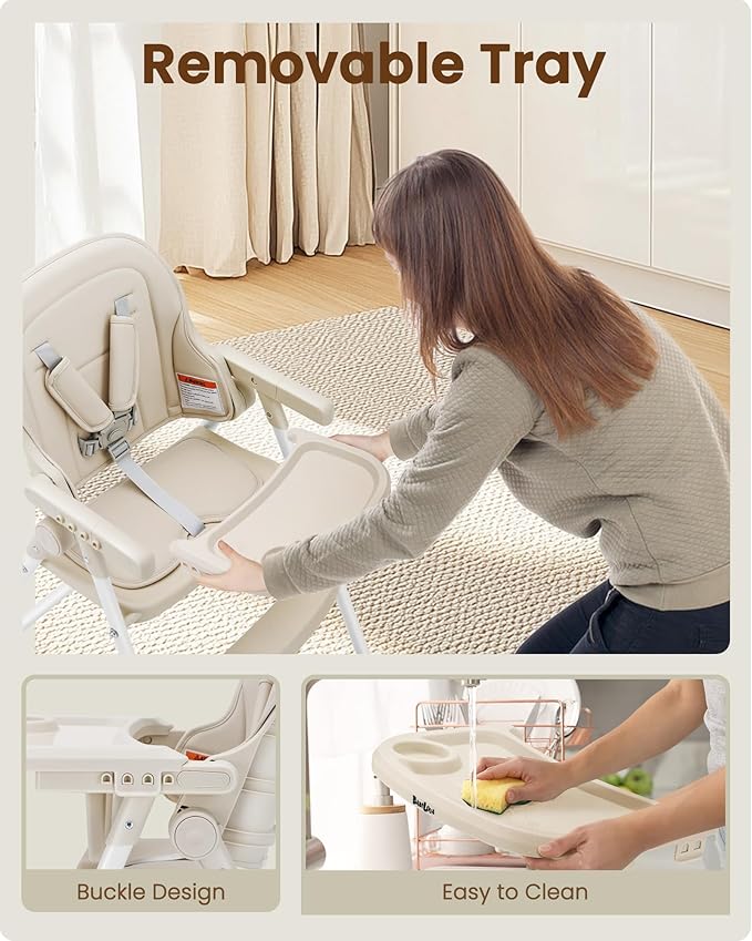 Foldable High Chair, High Chairs for Babies and Toddlers, Dining Chairs and Eating Chair with Adjustable Tray and 5 Point Harness for Infant, Beige