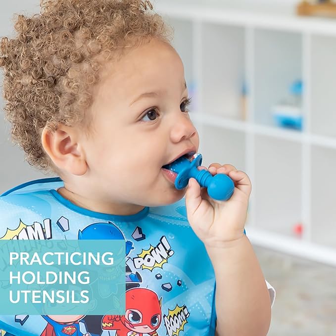 Bumkins Baby Utensils Set, Chewtensils Silicone Spoons for Dipping, Self-Feeding, Baby Led Weaning, Trainer Learning, First Stage Eating, Soft Practice Fork and Spoon, Babies 6 Months, Dark Blue