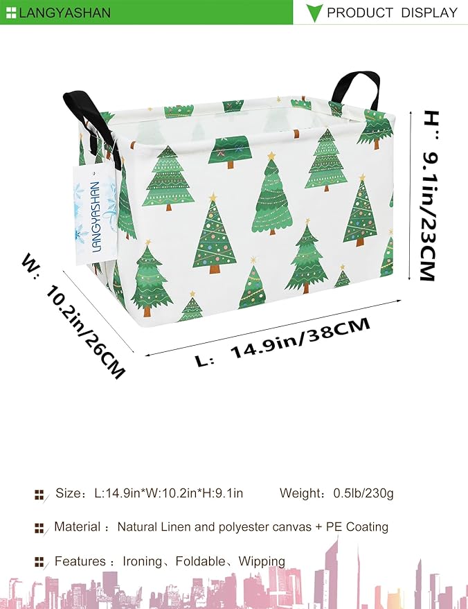 LANGYASHAN Rectangular Storage Bin Collapse Canvas Fabric Cartoon Storage Basket with Handles for Organizing Home Kitchen Boys and Girls Toys Office Closet Shelf Baskets (Rec christmas tree)