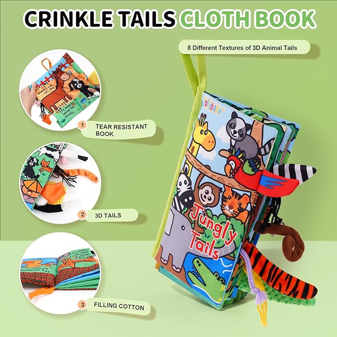 Jollybaby Crinkle Books for Babies, Sensory Soft Touch and Feel Baby Toys for 0-6 Months Infants, Newborn Montessori Early Educational Cloth Toys, Baby Girl & Boy Gift(Jungle Tails)