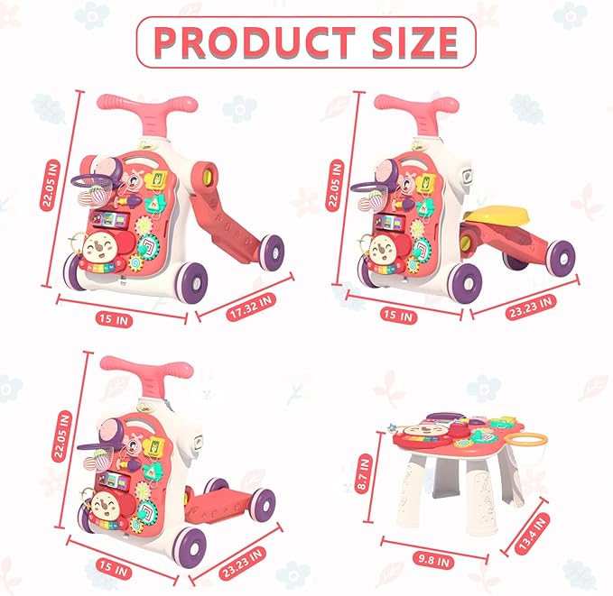 QDRAGON 5 in 1 Walker for Baby Girl, Baby Push Walkers, Assemble as Scooter/Motorbike/Activity Center/Detachable Panel, Walking Toys for Infants 6-12 Months, Red