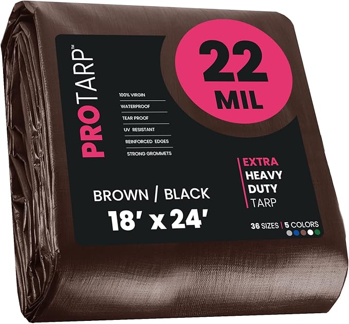 PROTARP Extreme Heavy Duty 22 Mil Tarp Cover, Waterproof, UV Resistant, Rip and Tear Proof, Poly Tarpaulin with Reinforced Edges for Roof, Camping, Patio, Pool, Boat. (Brown/Black 18′ X 24′)