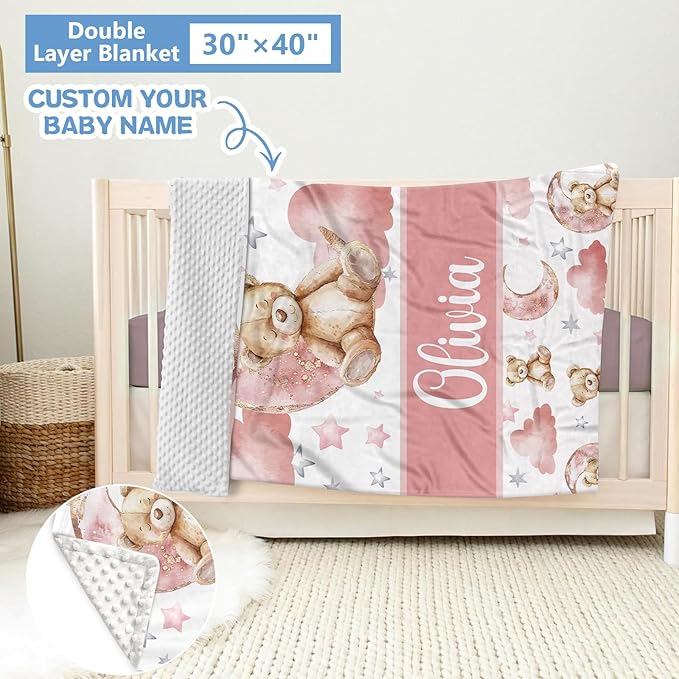 Custom Baby Crib Set, 5 Pcs Personalized Name Pink Bear Theme for Infants Toddlers, Nursery Bedding for Girls, Double Layer Customized Gifts