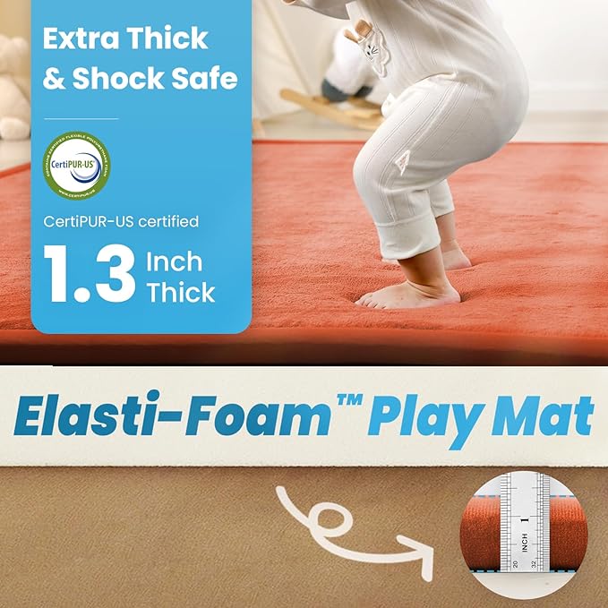 1.3" Thick Baby Play Mat for Floor Playpen, 71x79 Large Foam Tummy Time Mat, Padded Support Soft Plush Nursery Rug for Infant Kids Toddler Crawling Kick Activity (Brick)
