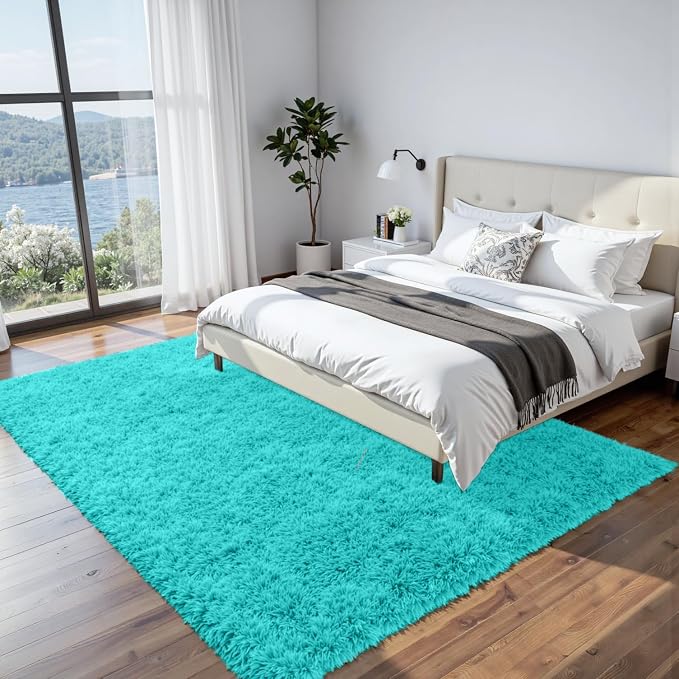 8x10 Area Rugs for Living Room Rug: Soft Fluffy Shag Teal Blue Rugs for Bedroom