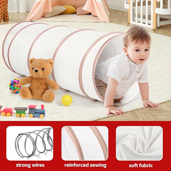 Moncoland Kids Play Tunnel Tent for Toddlers, Pop Up Crawl Tunnel Toy for Baby or Pet with Neutral Color, Collapsible Gift for Boy and Girl Play Tunnel Indoor and Outdoor Game (Beige Tunnel)