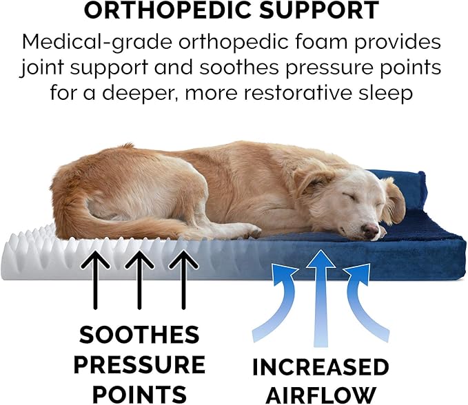 Furhaven Orthopedic Dog Bed for Large/Medium Dogs w/ Removable Bolsters & Washable Cover, For Dogs Up to 55 lbs - Plush & Velvet L Shaped Chaise - Deep Sapphire, Large