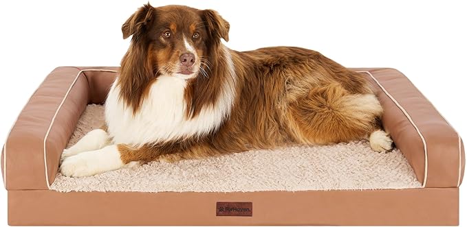 Furhaven Cooling Dog Sofa Bed – Memory Foam Couch with Bolsters, Textured Plush & Water-Resistant Cover, Washable Cover - Camel, Jumbo