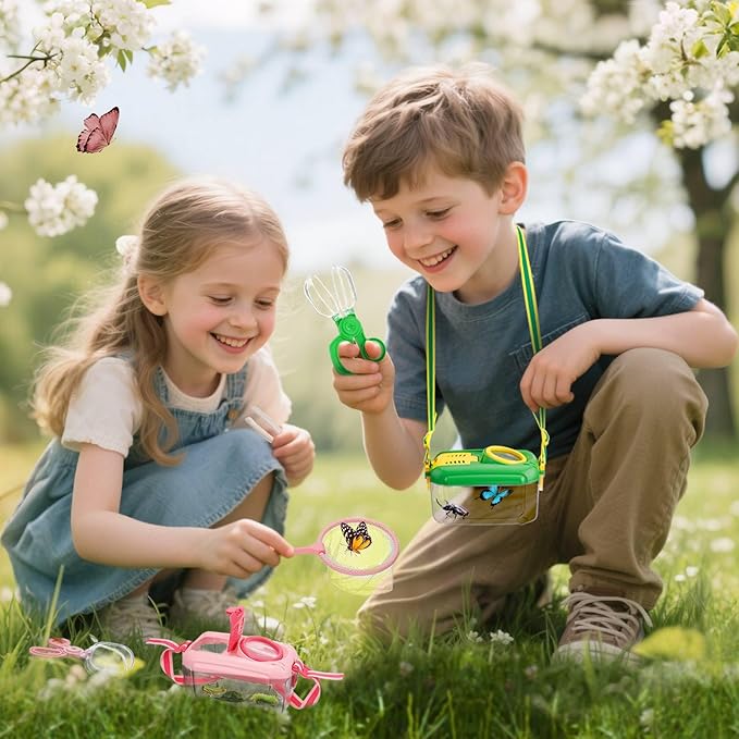 2 Set Bug Catcher for Kids- Educational Bug Catching Kit Including Butterfly Net, Insect Clip, Tweezer, Outdoor Toys for Kids Ages 3-10 (Pink & Green)