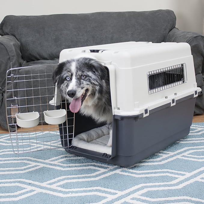 SportPet Airline Compliant LARGE 28.75" Travel Dog Kennel-Durable Plastic Airline Pet Carrier w/ Removable Wheels & Food Bowls, Collapsible Indoor/Outdoor Dog Kennel, Dogs up to 28"L & 20"H-Cream/Gray