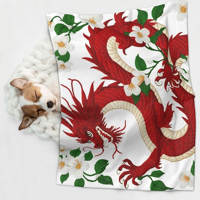 Two Sided Pet Cuddler Blanket for Anxiety Calming, Floral Chinese Japanese Dragon Flower, Reversible Plush Design with Bubble Dot Pattern Provides Familiar Surface Anywhere