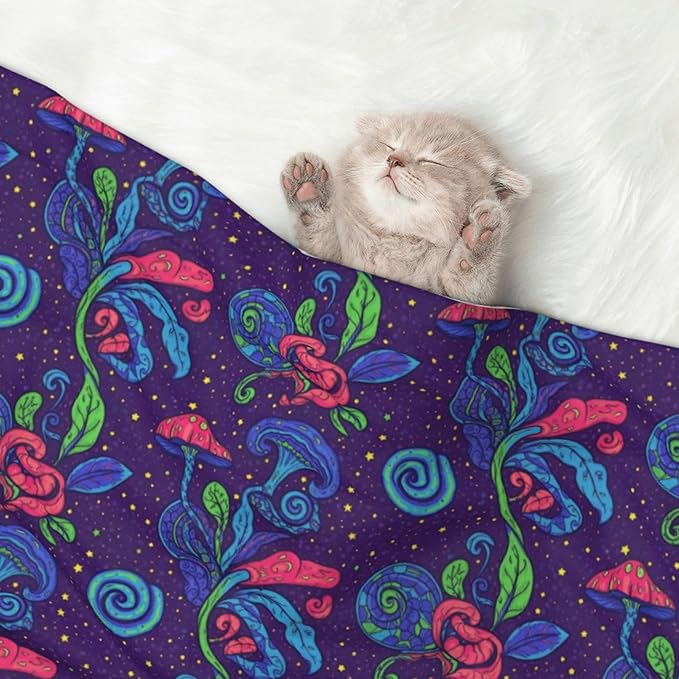 Two Sided Pet Cuddler Blanket for Anxiety Calming, Colorful Doodle Surreal Landscape Fantastic Mushroom, Reversible Plush Design with Bubble Dot Pattern Provides Familiar Surface Anywhere