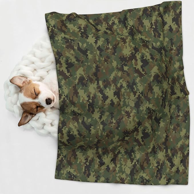 Double Sided Plush Pet Blanket with Cozy Dot Texture and Smooth Reverse, Camo Camouflage Hunting Green, Reversible Throw for Dogs Cats on Couches Beds Crates