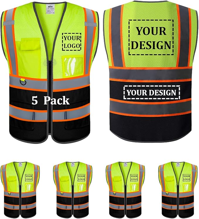 Custom Mesh Safety Vest 5 Pack Customized Logo Class 2 High Visibility Reflective Vest with Pockets Construction workwear （Yellow Black，XL ）